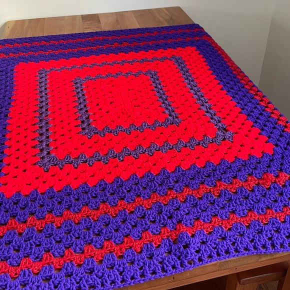 Vintage Handmade Crochet Granny Square Blanket Red Purple Metallic 47" x 47" - Picture 1 of 6